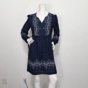 Octavia Navy Blue Baby Doll Embroidered Bohemian Long Sleeve Retro Mini Dress M